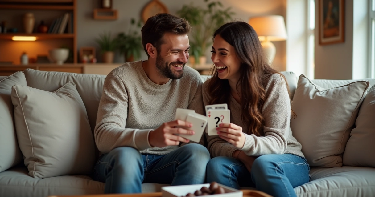 Casal sorrindo enquanto brinca junto no sofá, segurando cartas de perguntas 