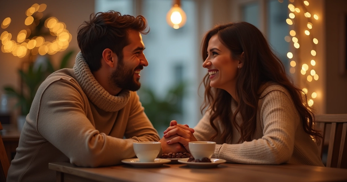 Casal sorrindo um para o outro sentados à mesa