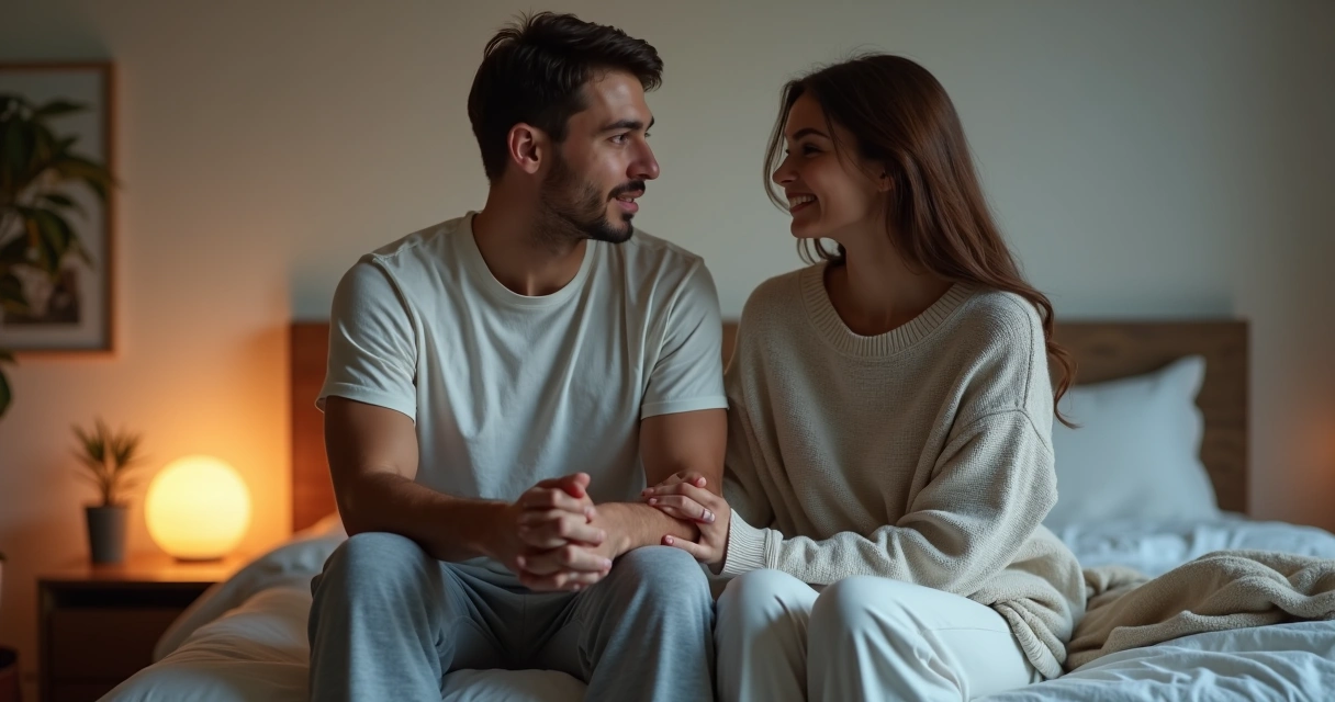 Casal sentado na cama conversando com carinho em quarto iluminado suavemente 