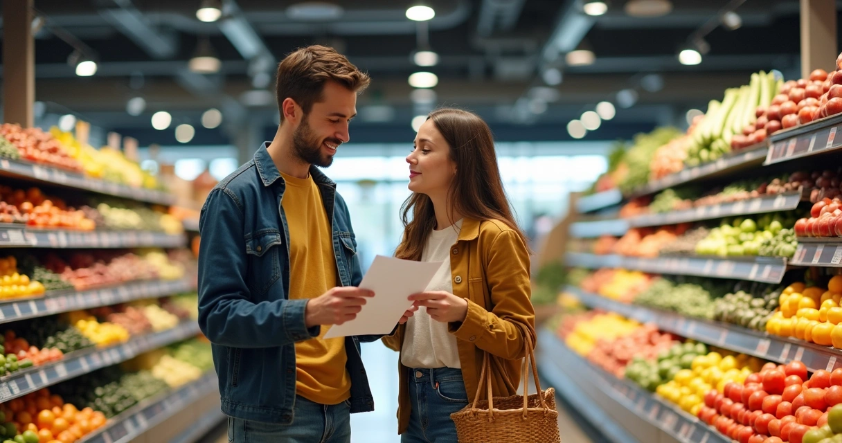 Lista de compras inteligente para economizar mais a dois 1 Casal conferindo lista de compras no supermercado
