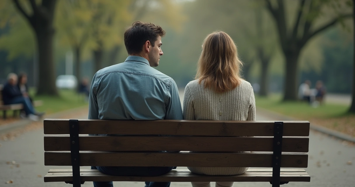 Dois adultos sentados lado a lado em um banco, olhando em direções opostas, expressando distância emocional.