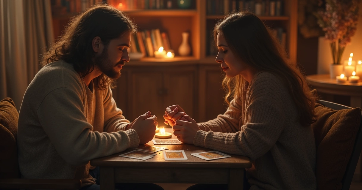 Casal conversando sentados à mesa com cartas de tarot 