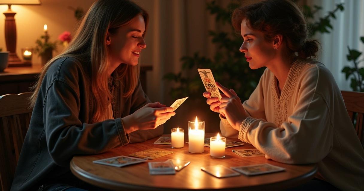 Casal segurando cartas de tarot juntos em uma mesa 