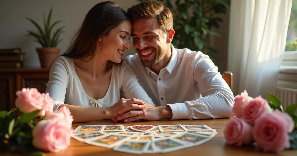 Casal sorridente de mãos dadas com cartas de tarot em formato de coração sobre a mesa. 