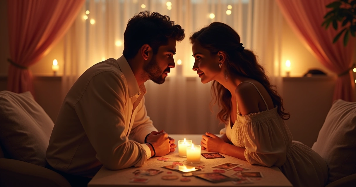 Casal sentado de frente em ambiente iluminado com cartas de tarot sobre a mesa