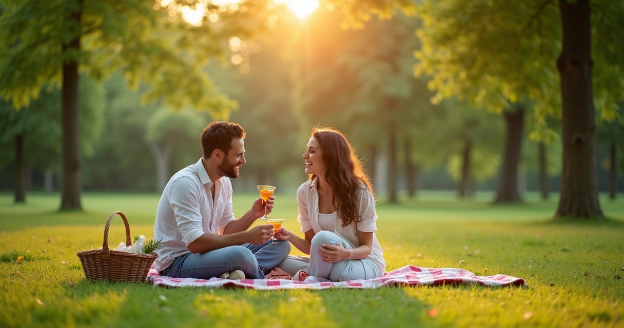 Casal sentado em um parque aproveitando um piquenique juntos 