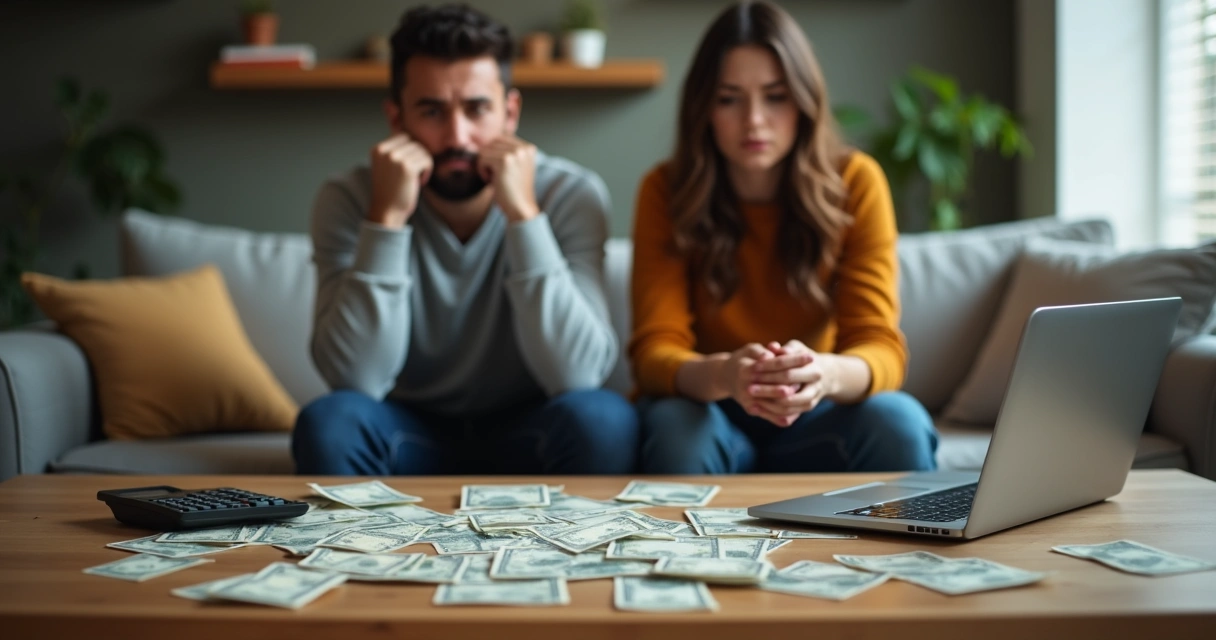 Casal sentado em sofá, distante e com expressão preocupada, mesa com contas e calculadora à frente 