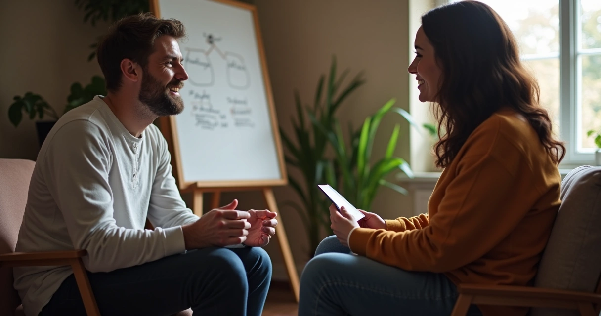 Casal em terapia praticando comunicação guiada por terapeuta