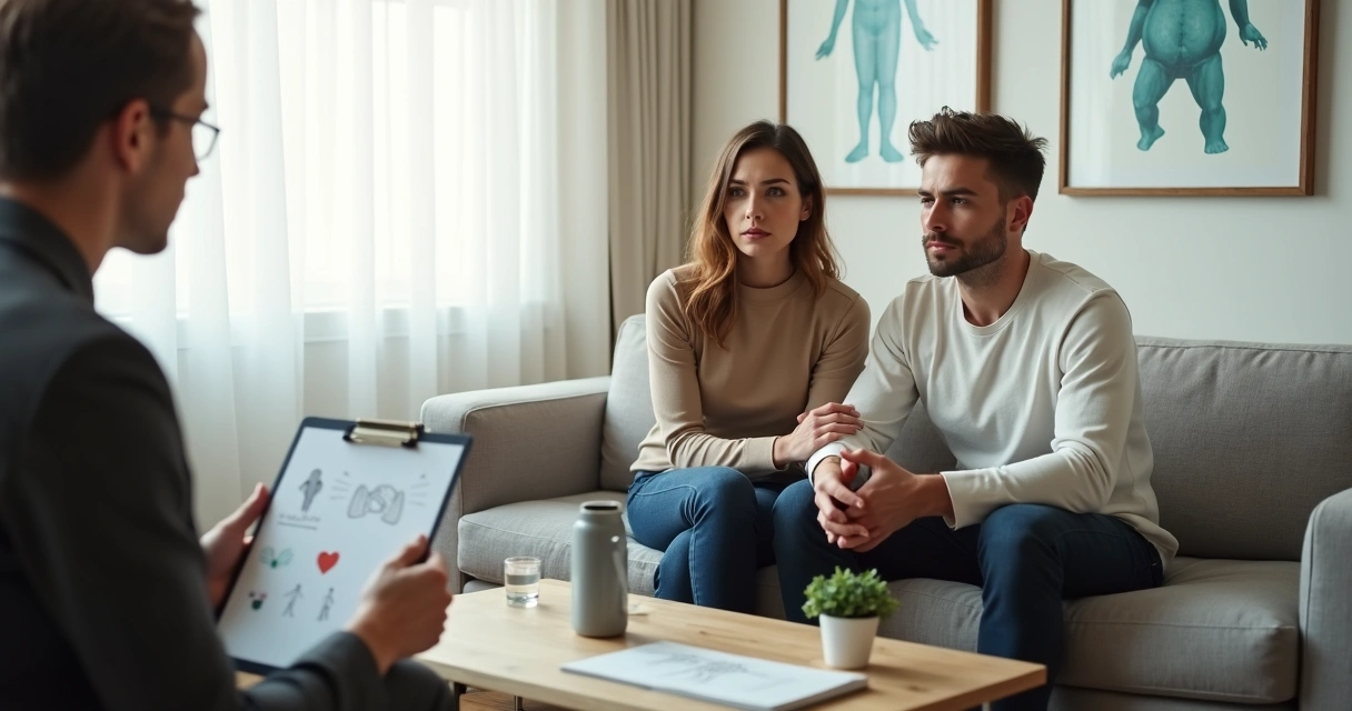 Casal jovem conversando com terapeuta em sessão sobre ansiedade sexual 