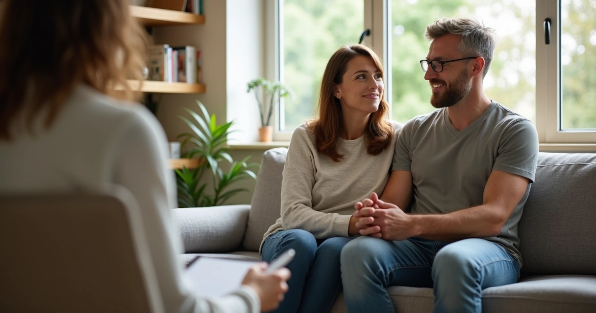 Casal sentado em sofá encarando-se com terapeuta ao fundo em consultório acolhedor 