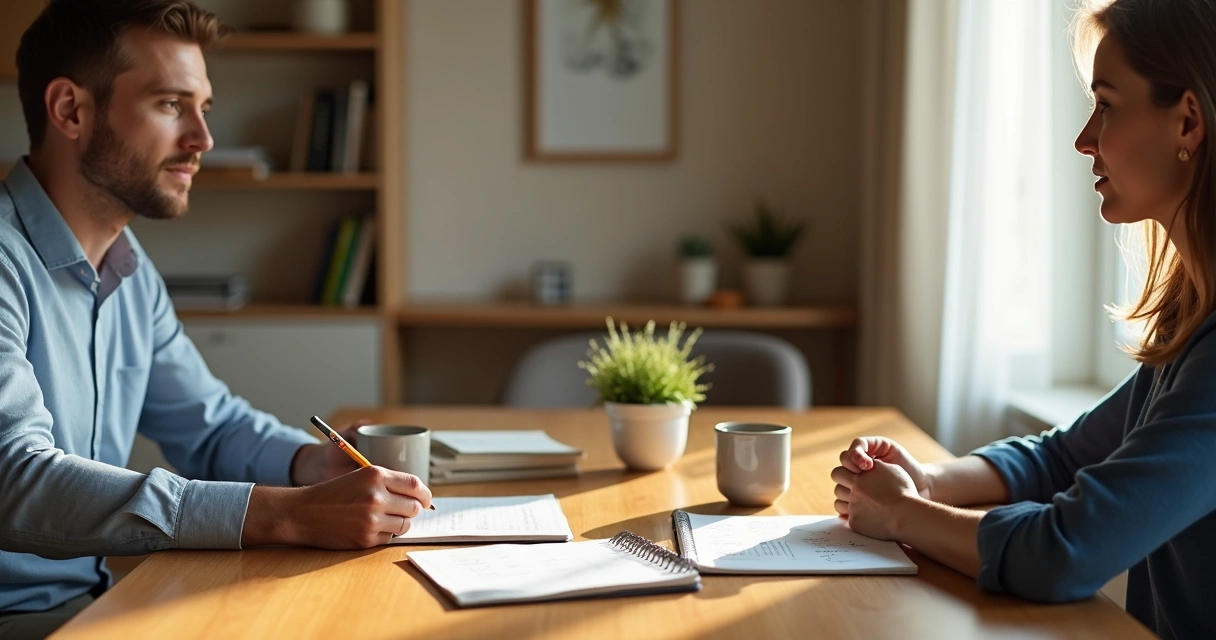 Casal sentado à mesa em casa praticando exercício de diálogo com caderno e canecas de café 