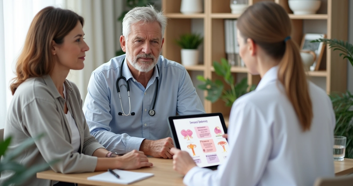 Casal adulto conversando com médica em consulta sobre terapia hormonal 