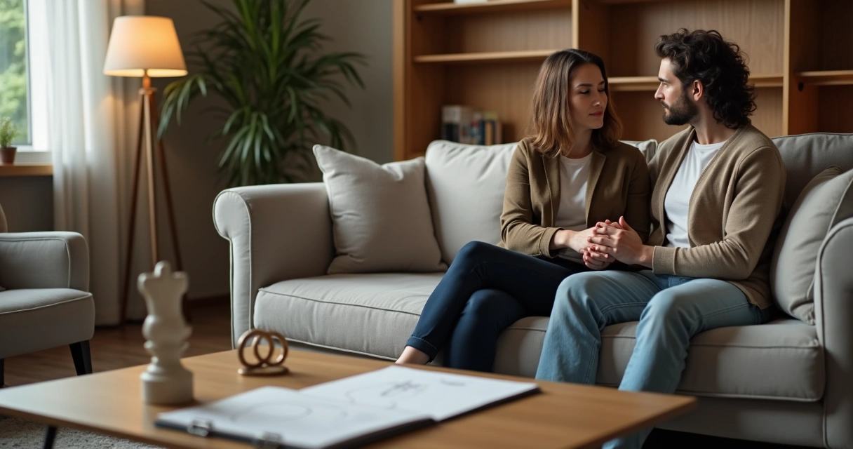 Casal em consultório de terapia sexual conversando com psicólogo 