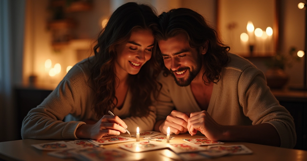 Casal sorrindo enquanto consulta Baralho Cigano juntos em ambiente aconchegante