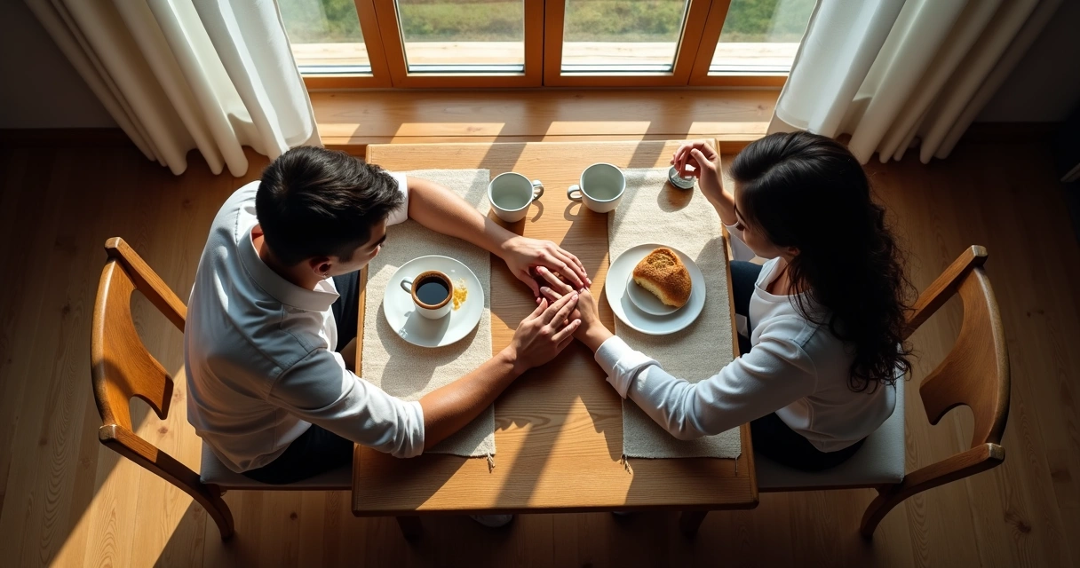 Casal tomando café da manhã à beira da janela, com luz suave entrando 