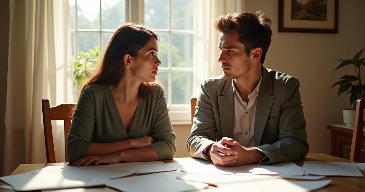 Casal sentado tomando decisões juntos, expressão pensativa 