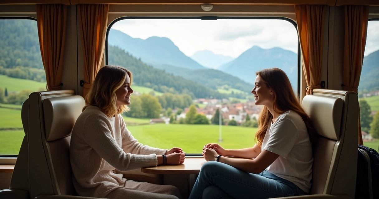 Casal sentado em trem na Europa olhando paisagem pela janela 