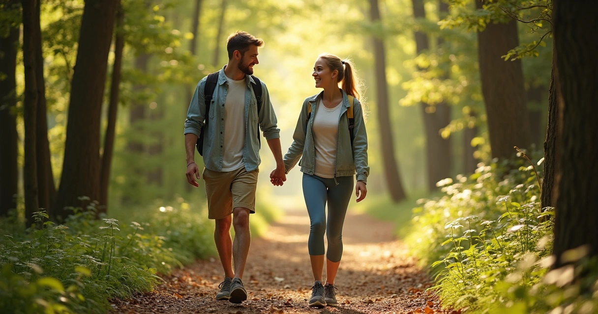Casal caminha junto por trilha em floresta, sorrindo 