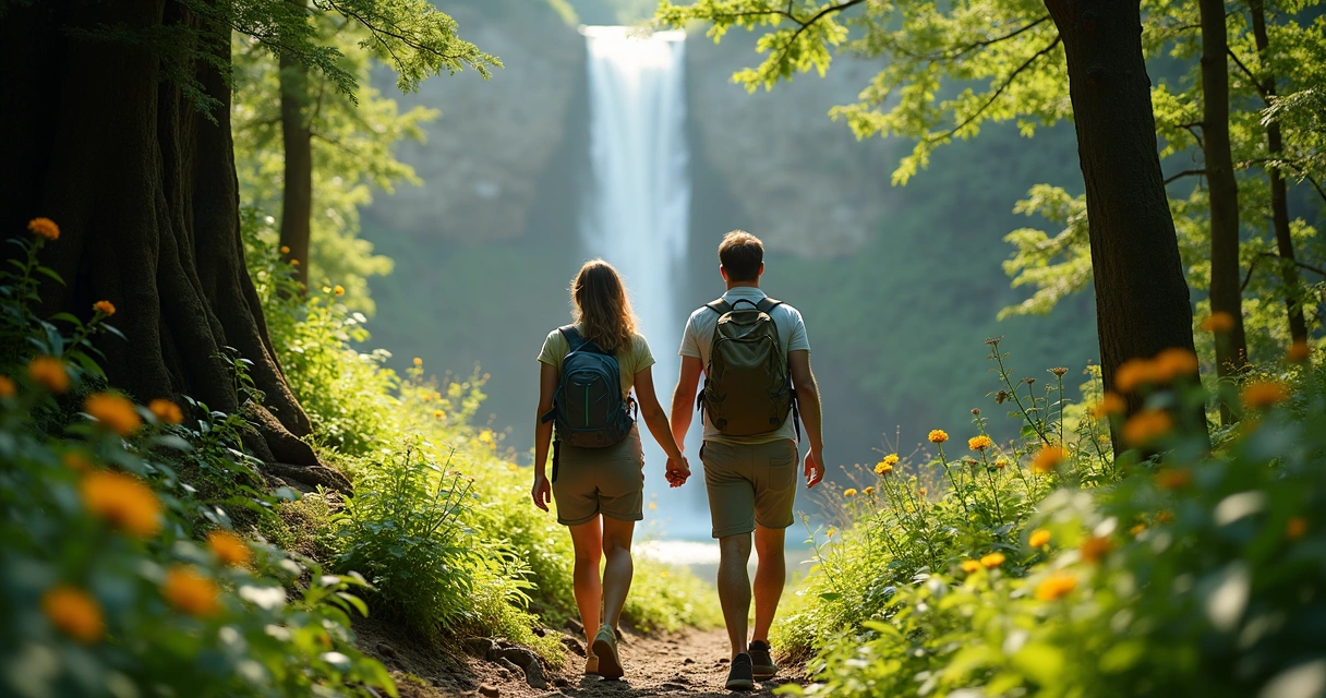 Casal caminhando em trilha cercada por árvores verdes