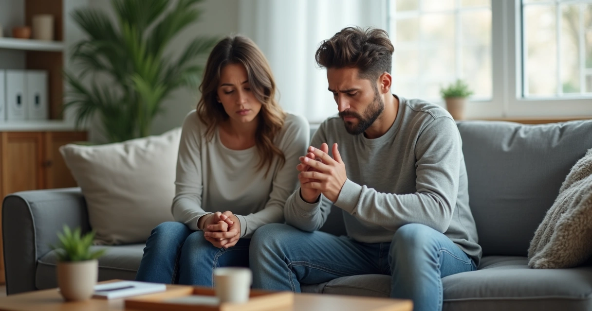 Casal sentado em um sofá olhando para baixo 