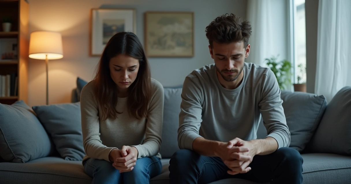 Casal sentado em lados opostos do sofá olhando para baixo em silêncio 