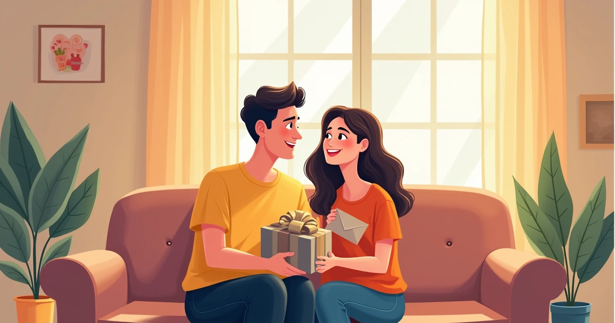 Casal trocando presentes com sorrisos 