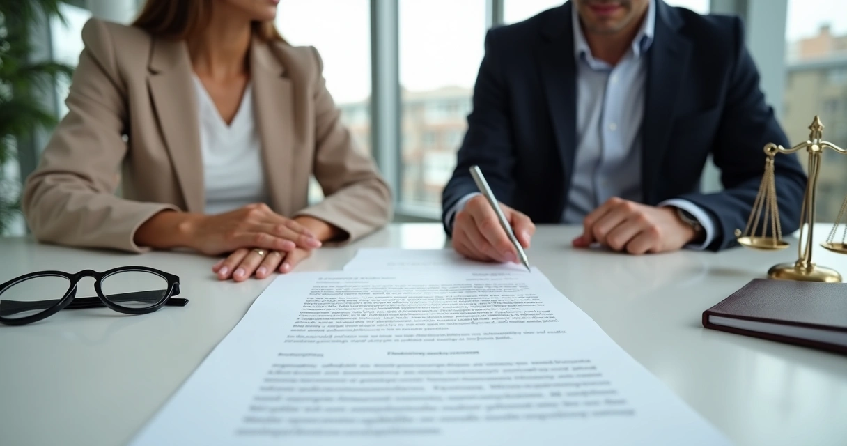 Casal assinando documento de união estável em cartório com apoio de advogado 