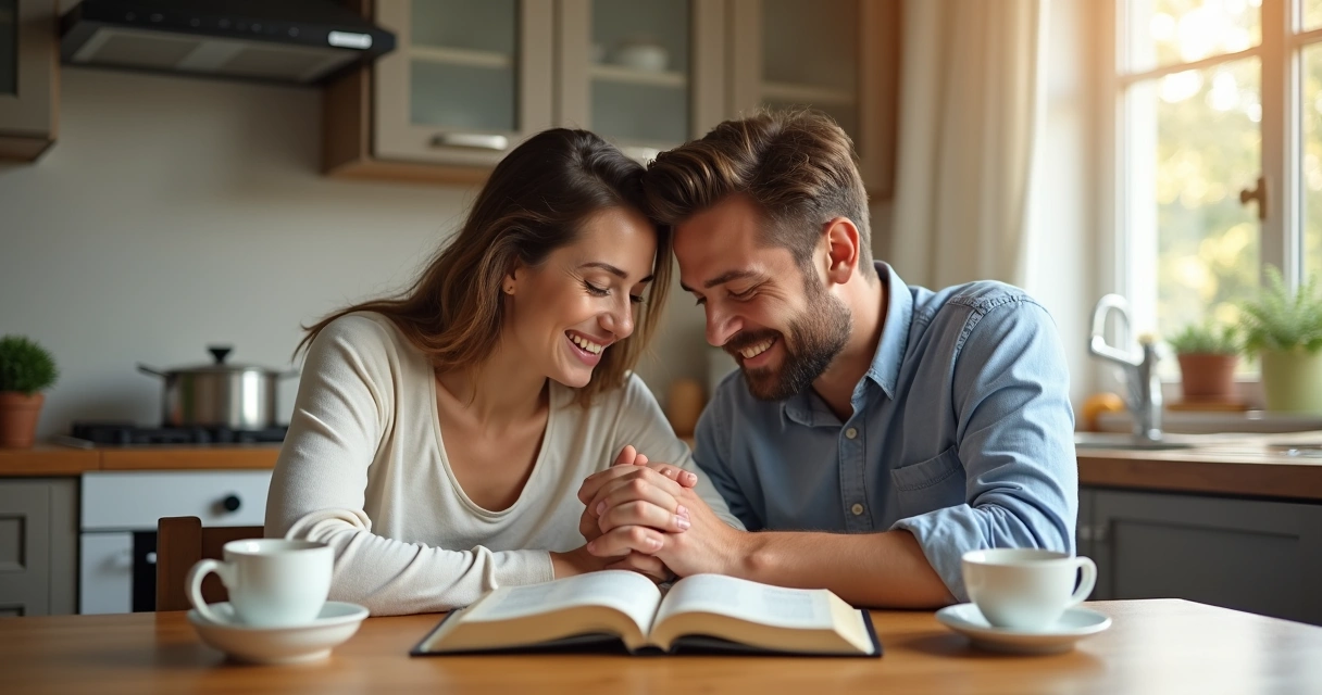 Casal junto sorrindo durante oração em casa, mãos dadas sobre uma Bíblia 