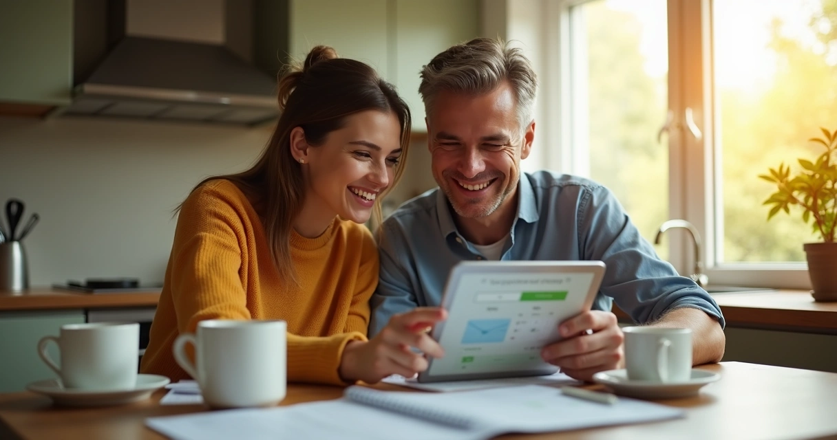 Casal usando aplicativo de finanças no tablet 