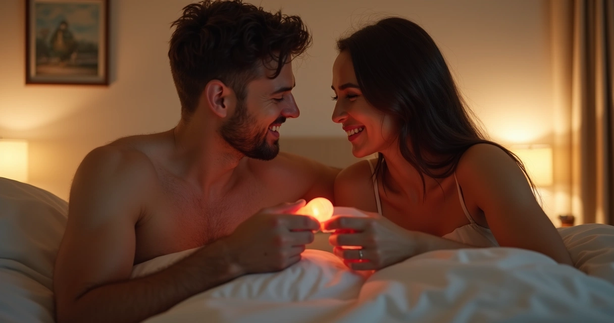 Casal sorrindo juntos usando um vibrador para casal em ambiente íntimo 