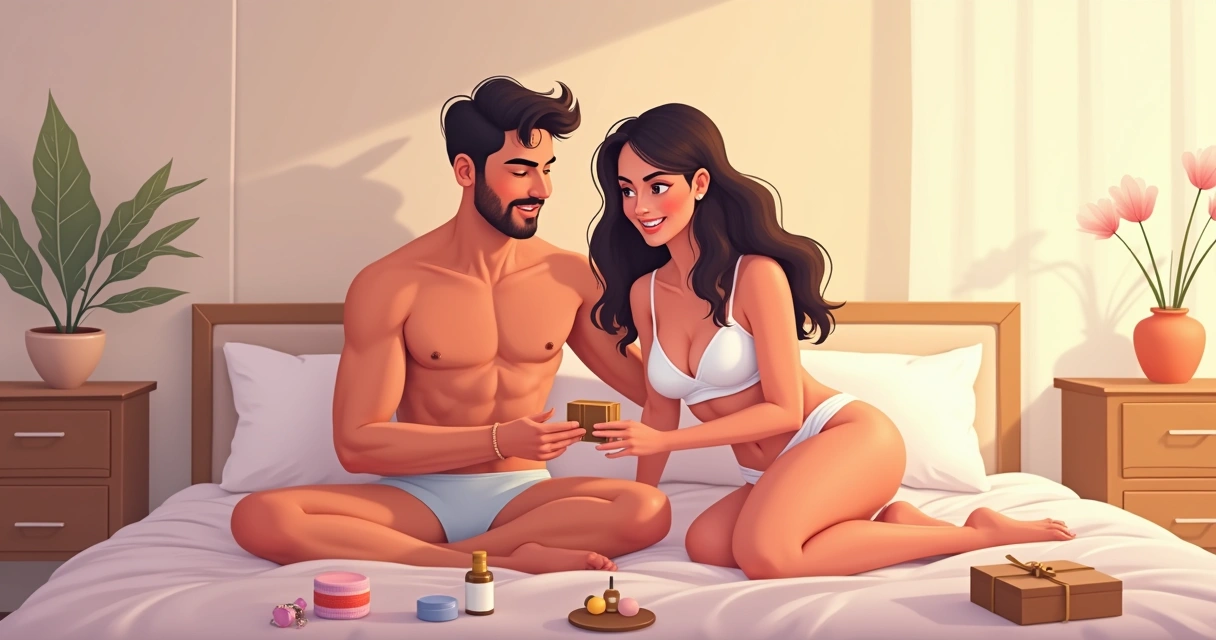 Casal sentado na cama explorando juntos acessórios sensuais 