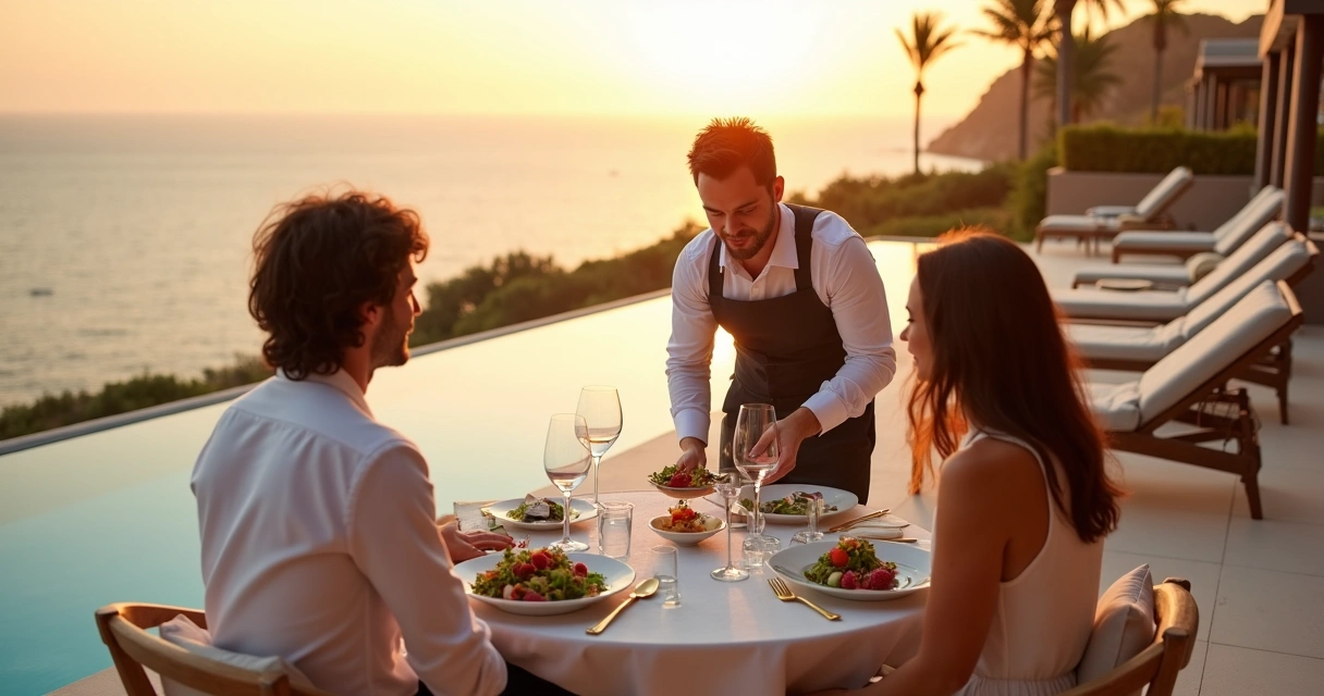 Casal vegano jantando em resort de luxo com vista para o mar ao entardecer 