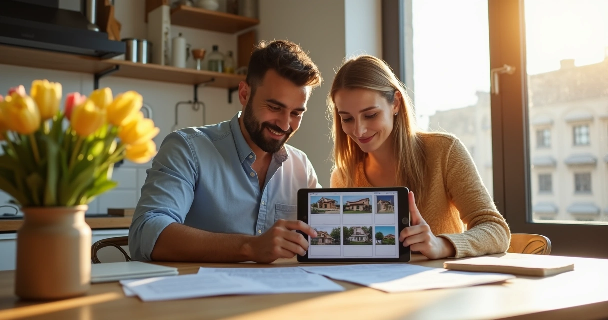 Casal analisando opções de imóveis em leilão em tablet 