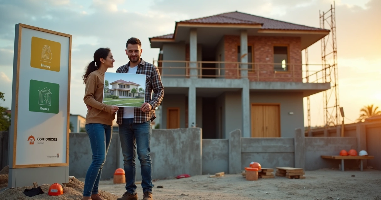 Casal observa casa em construção com placas de financiamento 