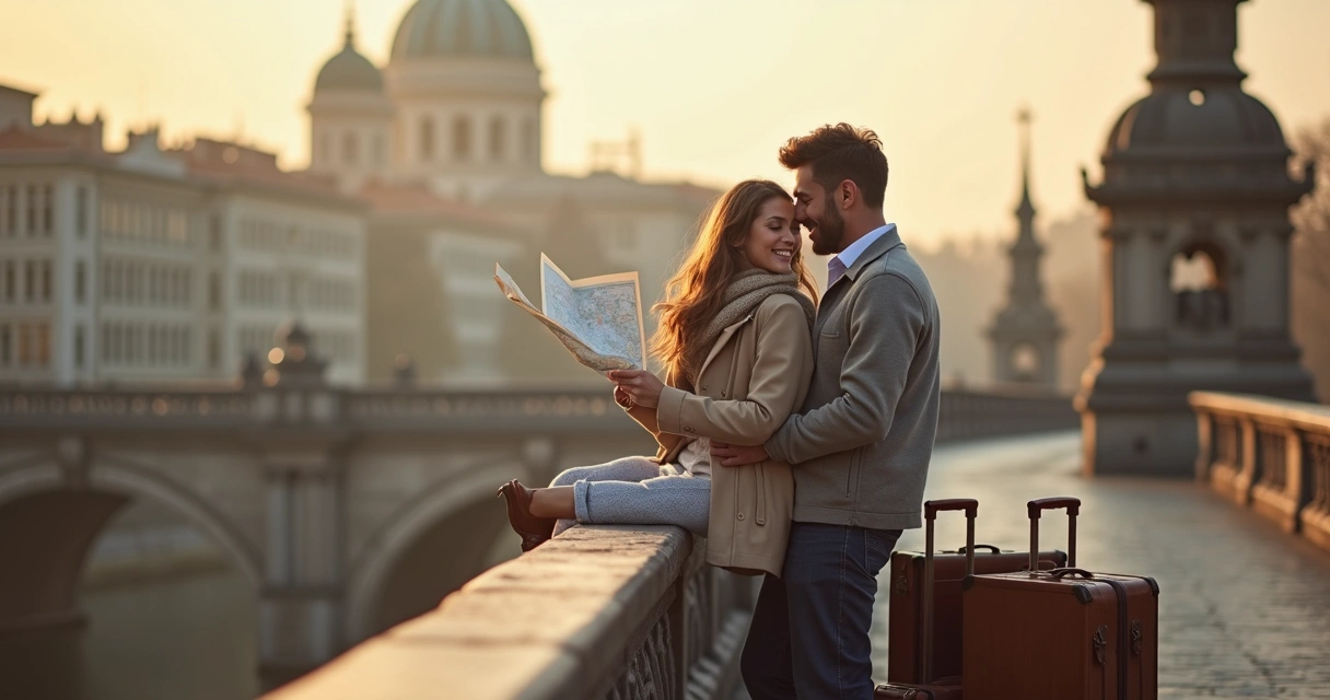 Casal abraçado olhando mapa em ponte romântica, malas ao lado 