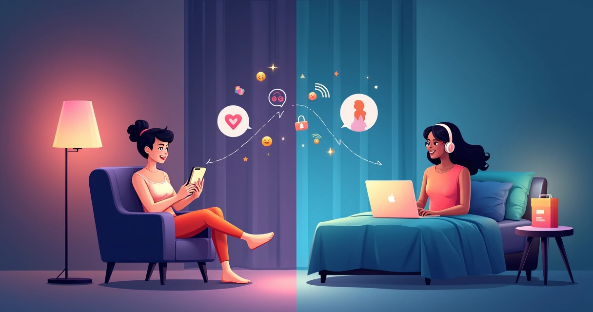 Casal em videochamada íntima com ícones tecnológicos ao redor 