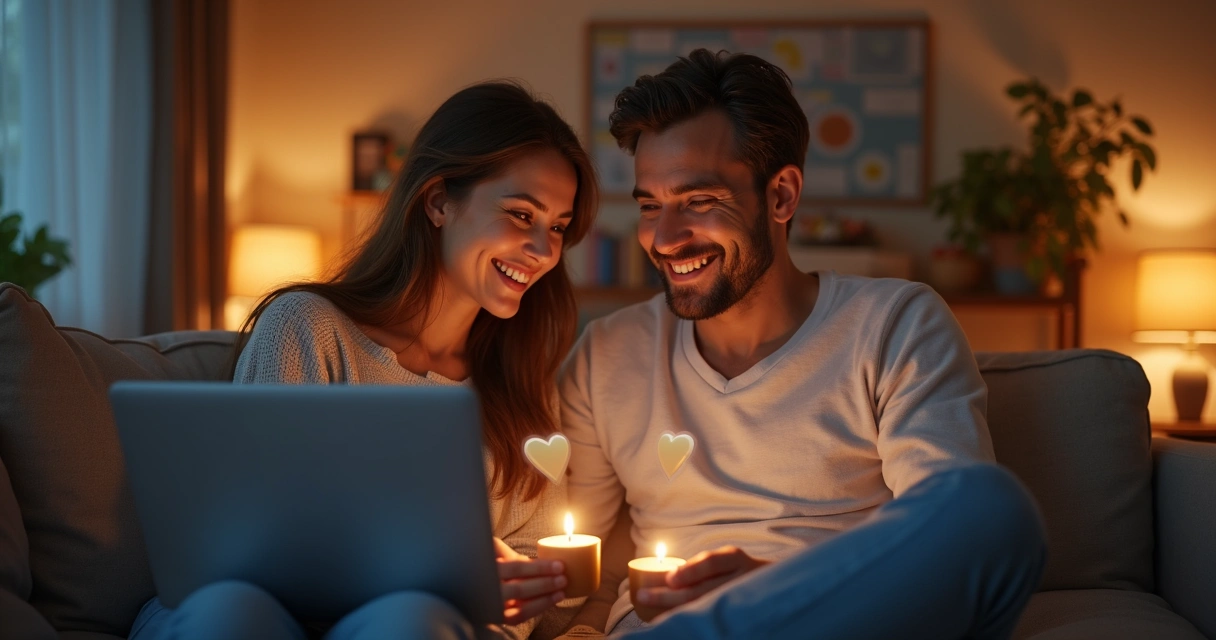 Casal sorrindo um para o outro durante chamada de vídeo em ambientes separados, com detalhes de corações flutuando na tela
