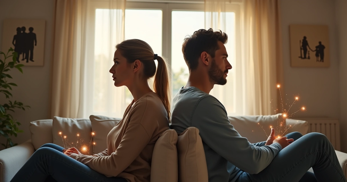 Casal sentado de costas um para o outro ligado por fios transparentes 