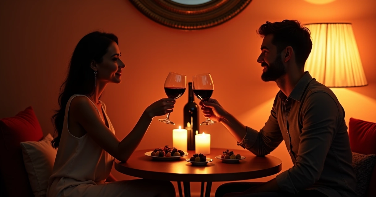 Casal brindando vinho em mesa romântica à luz de velas
