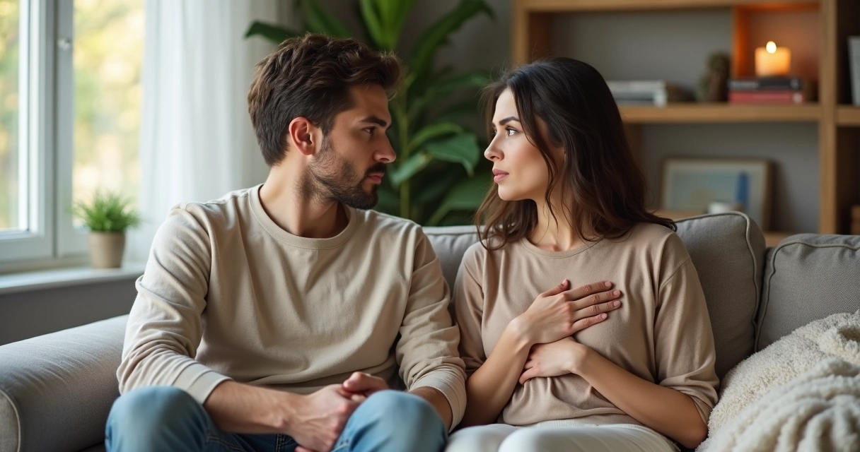 Casal sentado de frente em sofá se olhando com vulnerabilidade e conexão 