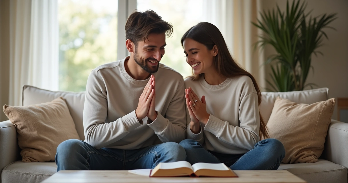 Casal cristão sentado juntos orando em agradecimento 