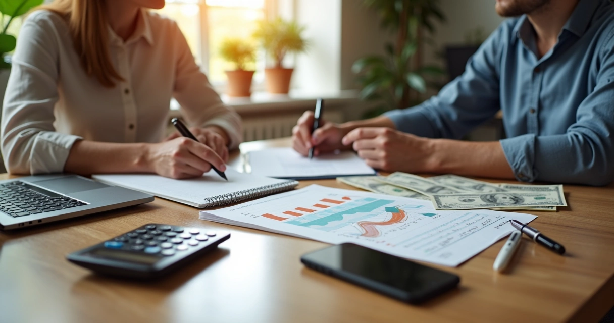 Casal sentado à mesa com laptop e anotações, planejando finanças juntos em ambiente moderno 