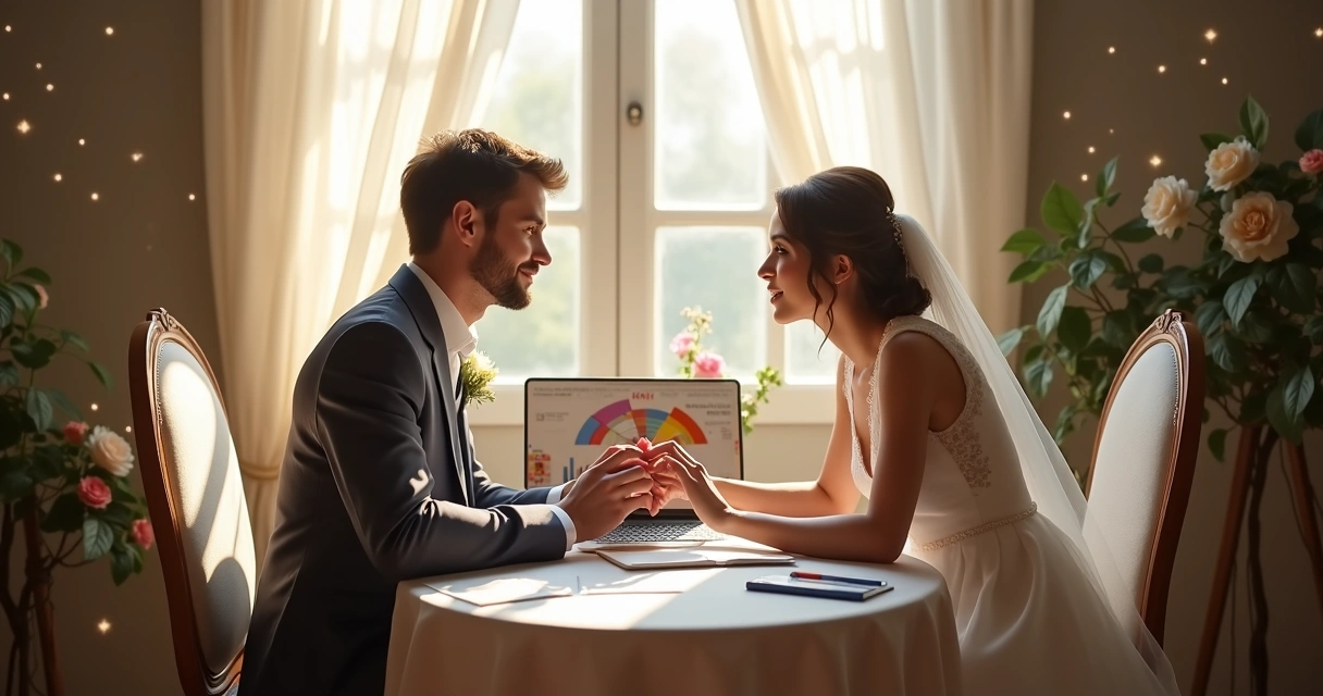 Casal em cerimônia de casamento analisando carta astral 