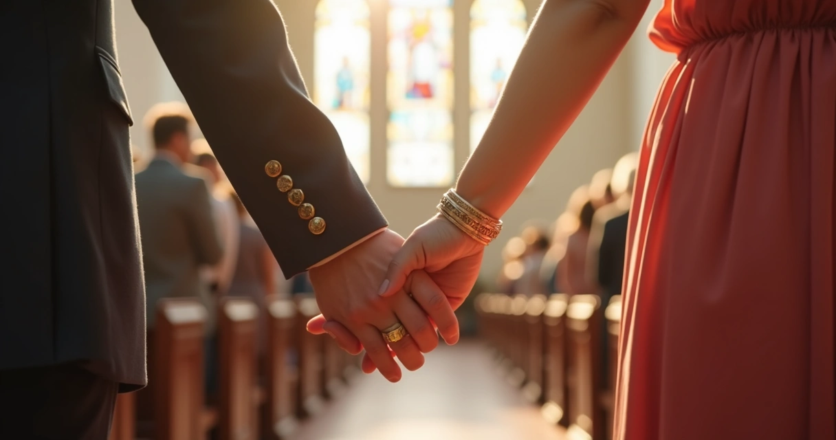 Homem e mulher de mãos dadas com alianças douradas em cerimônia de casamento cristão. 