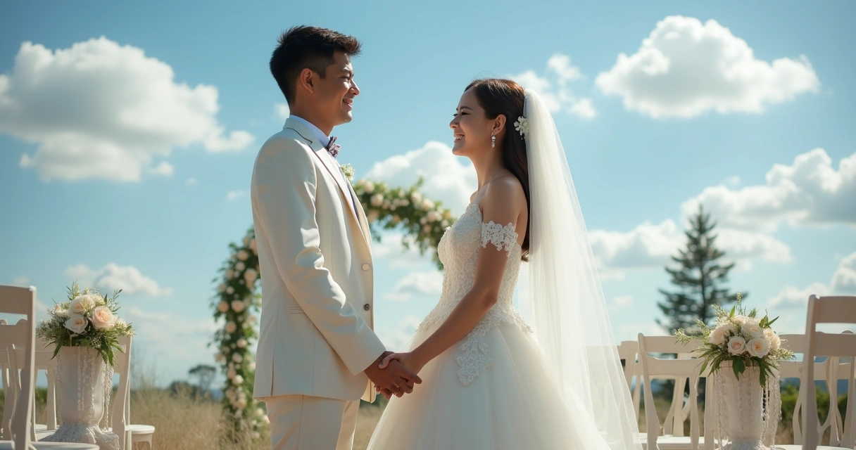Casal de noivos sorrindo ao ar livre com céu azul e decoração de casamento 