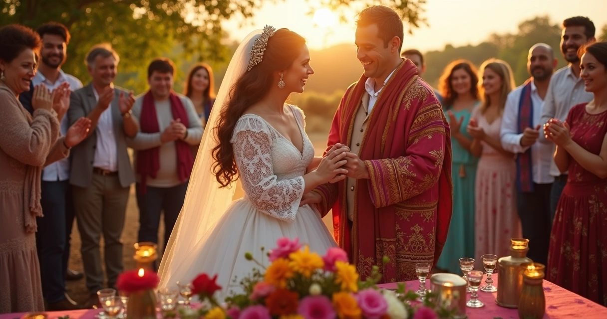 Casal celebra casamento cigano tradicional, vestidos típicos, festa animada ao fundo 