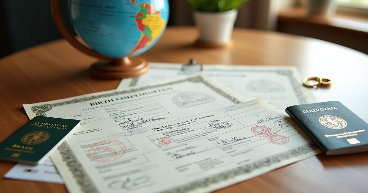 Documentos de casamento e certidão de nascimento em processo internacional 