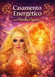 Mulher vestida com roupa dourada e véu segurando coração de luz nas mãos