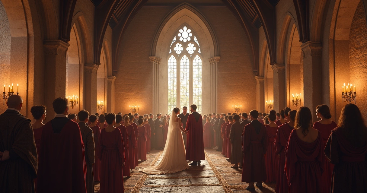 Cerimônia de casamento medieval com noivos e convidados em trajes históricos 