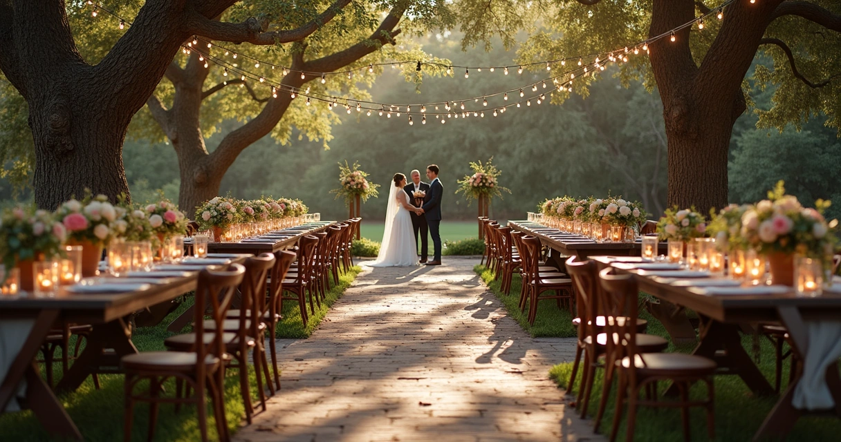 Mini wedding em área verde, com decoração rústica e convidados reunidos ao redor de uma mesa 